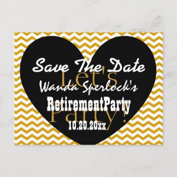 Save The Date Retirement Party Gold Black Heart V3 Announcement Postcard by JaclinArt at Zazzle