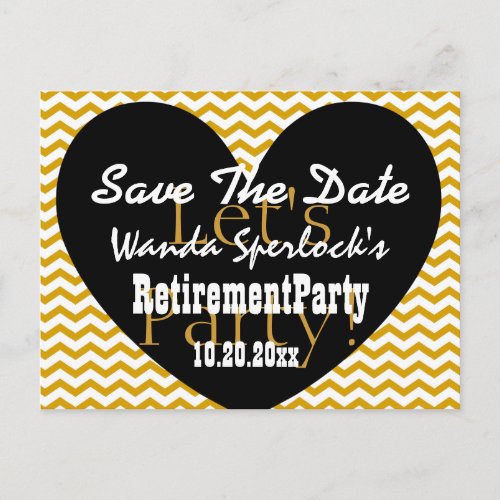 Save the Date RETIREMENT PARTY Gold Black Heart V3 Announcement Postcard