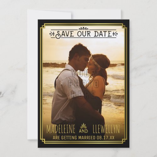 Save the Date Retro Black Gold Deco Wedding Photo