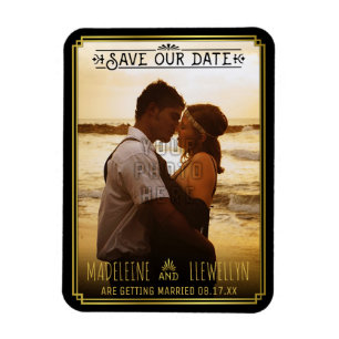 Save the Date Retro Black Gold Deco Wedding Photo Magnet