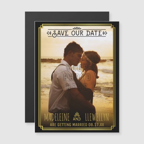 Save the Date Retro Black Gold Deco Wedding Photo Magnetic Invitation