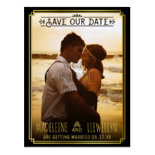 Save the Date Retro Black Gold Deco Wedding Photo Postcard