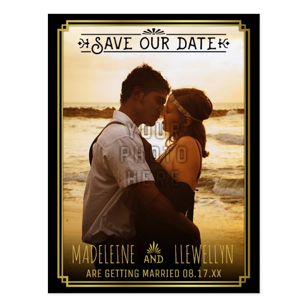 Save The Date Retro Black Gold Deco Wedding Photo Postcard
