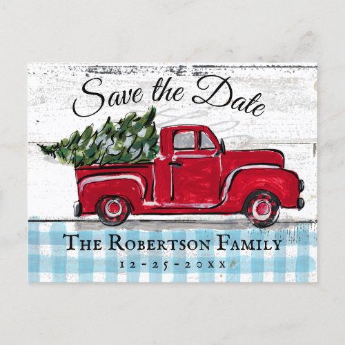 Save The Date Retro Red Truck and Tree Postcard