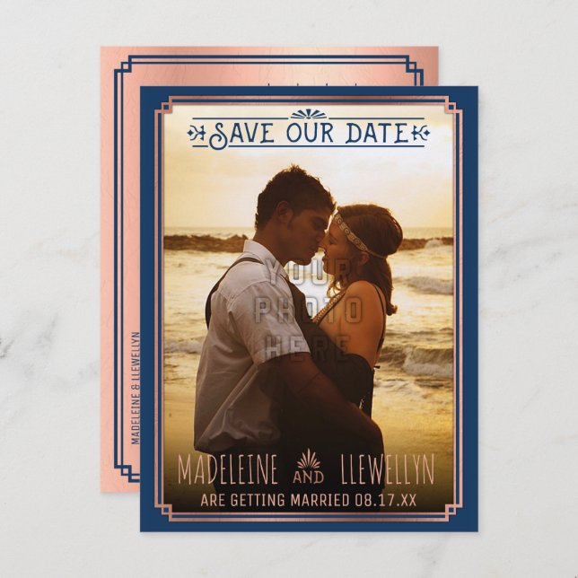 Save the Date Retro Rose Gold Deco Wedding Photo Announcement Postcard (Front/Back)