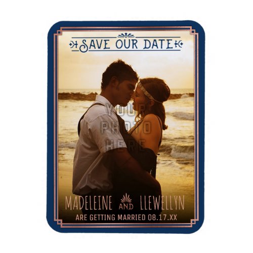 Save the Date Retro Rose Gold Deco Wedding Photo Magnet