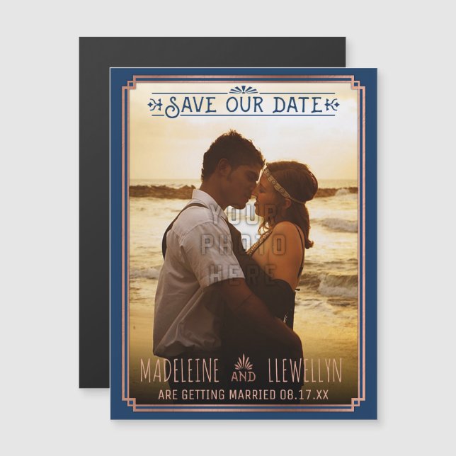 Save the Date Retro Rose Gold Deco Wedding Photo Magnetic Invitation (Front/Back)