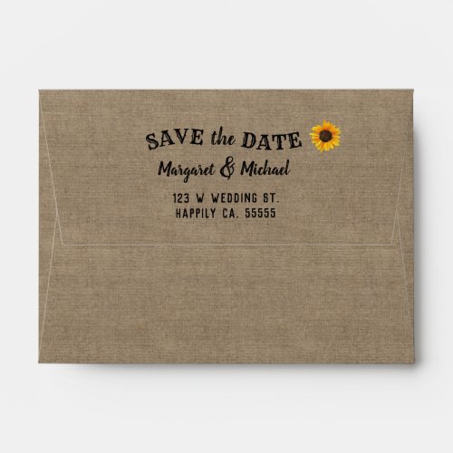 Save the Date Return Address Burlap Sunflowers Envelope