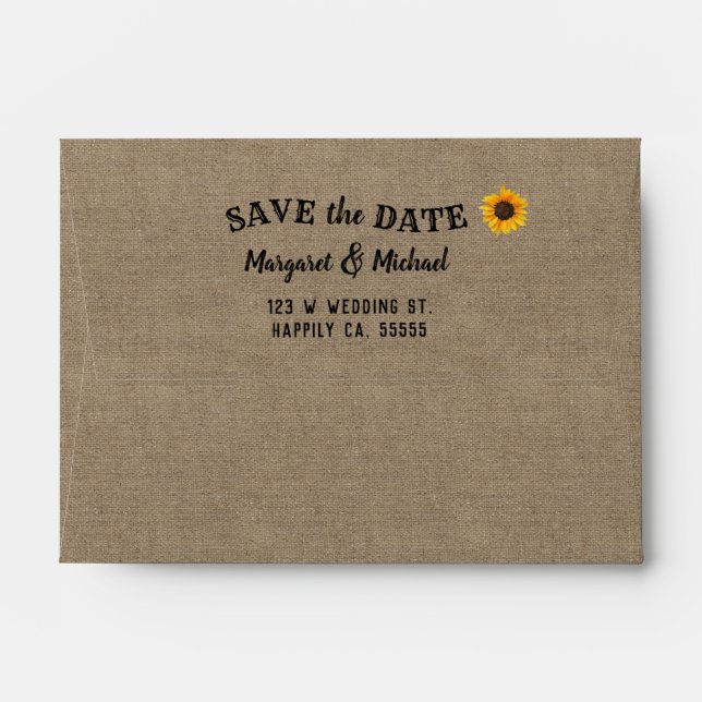 Save the Date Return Address Burlap Sunflowers Envelope (Back (Top Flap))