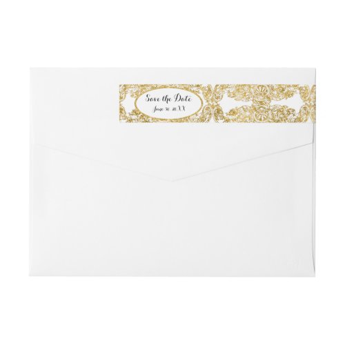 Save the Date Return Address Gold Glitter Damask Wrap Around Label