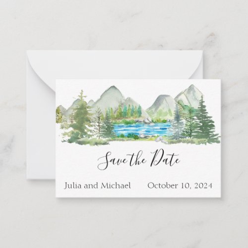 Save the Date River Forest Mountain Watercolor Note Card