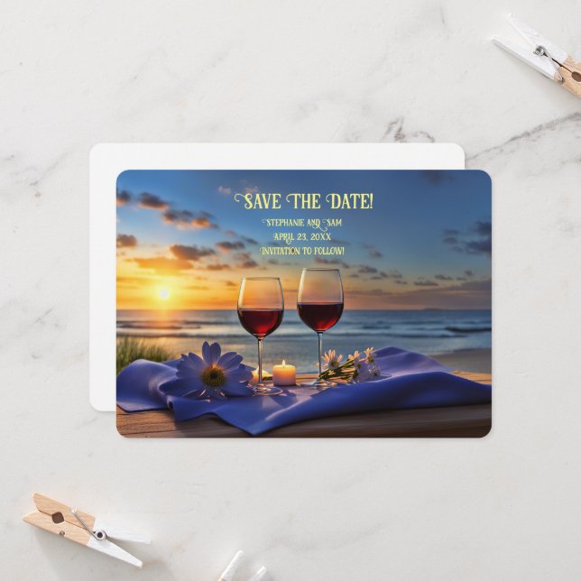 Save the Date Romantic Beach Wine Announcement (Front/Back In Situ)