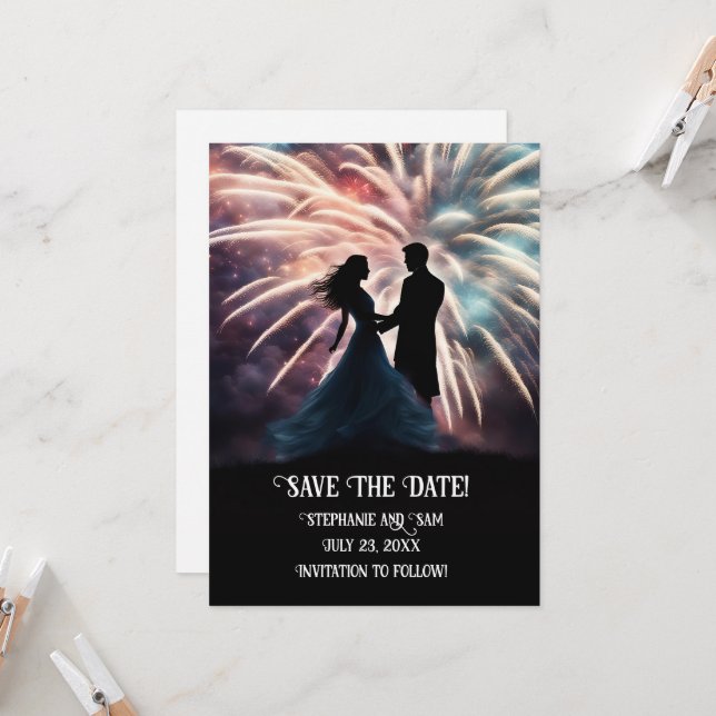 Save the Date Romantic Couple Dancing Fireworks Invitation (Front/Back In Situ)