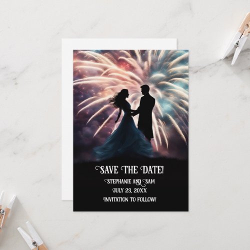 Save the Date Romantic Couple Dancing Fireworks Invitation