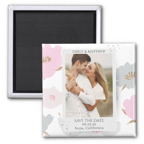 Save The Date Romantic Couple Glitter Floral Photo Magnet