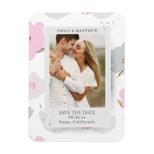 Save The Date Romantic Couple Glitter Floral Photo Magnet