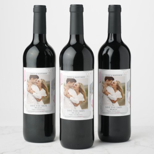 Save The Date Romantic Couple Glitter Floral Photo Wine Label