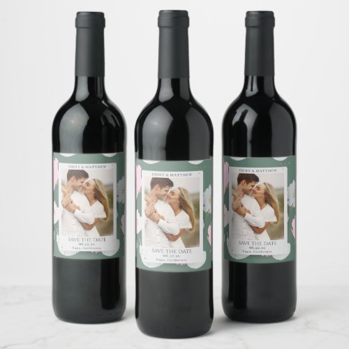 Save The Date Romantic Couple Glitter Floral Photo Wine Label