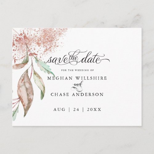 SAVE THE DATE  Rose Coral Watercolor Foliage Postcard