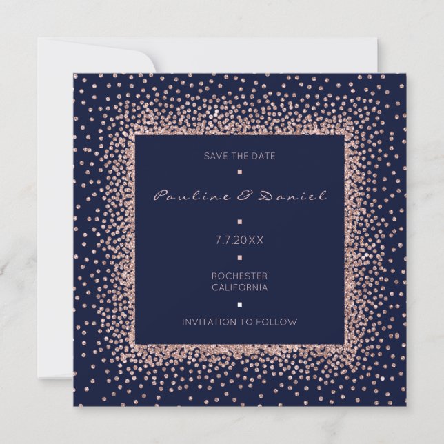 Save The Date Rose Gold Blue Navy Glitter Monogram (Front)