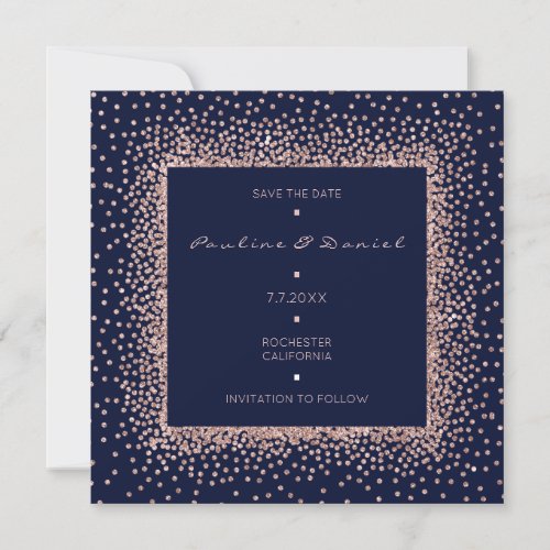 Save The Date Rose Gold Blue Navy Glitter Monogram