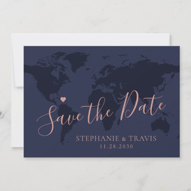 Save the Date Rose Gold Blue World Map Destination (Front)