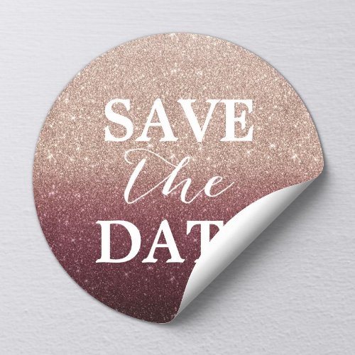 Save the Date Rose Gold Burgundy Glitter Wedding Classic Round Sticker