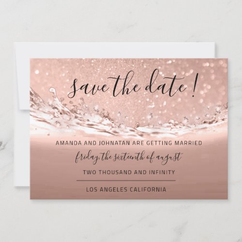 Save The Date Rose Gold Crystals Ocean Waves