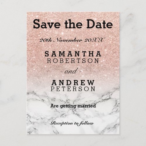Save the Date rose gold faux glitter ombre marble Announcement Postcard