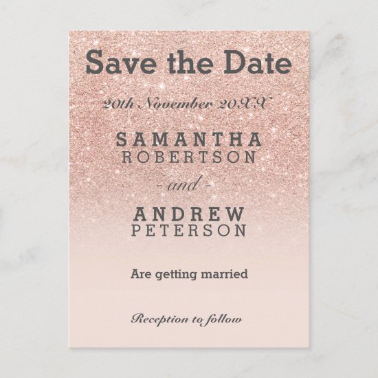 Save the Date rose gold faux glitter pink ombre Announcement Postcard