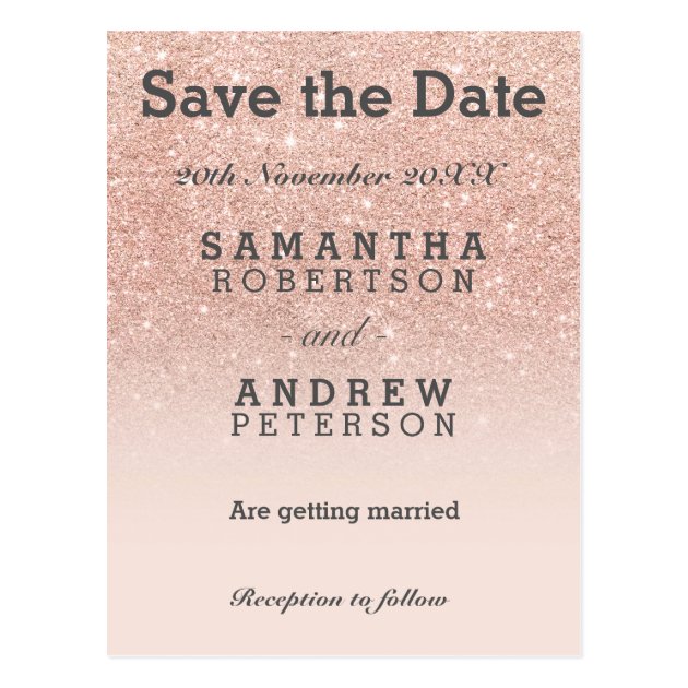 Save The Date Rose Gold Faux Glitter Pink Ombre Postcard
