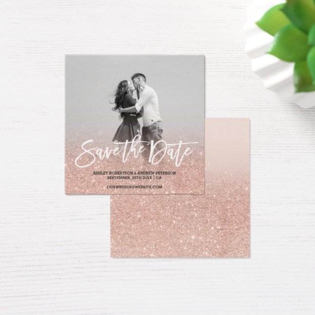 Save the Date rose gold faux glitter pink photo (Desk)