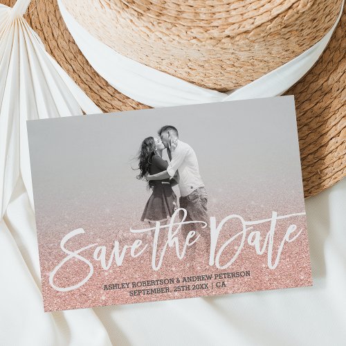 Save the Date rose gold faux glitter pink photo Announcement Postcard