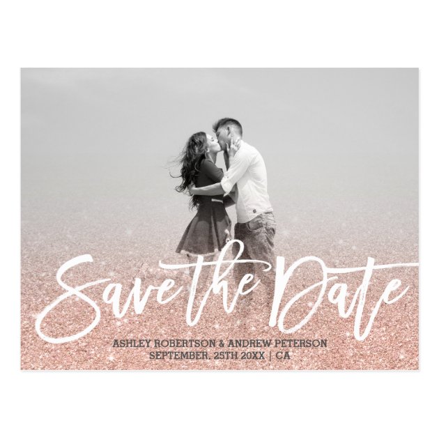 Save The Date Rose Gold Faux Glitter Pink Photo Postcard