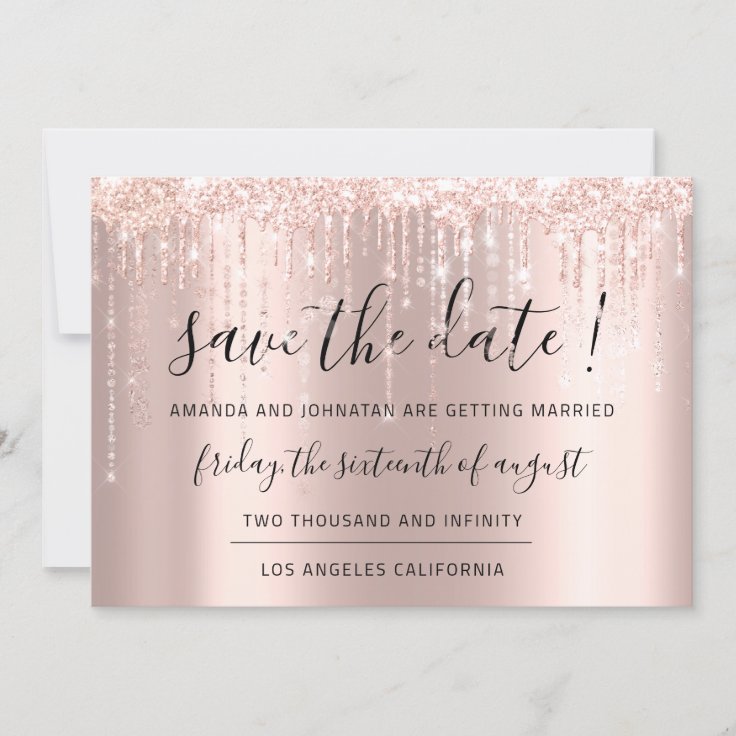 Save The Date Rose Gold Glitter Drips Strings Zazzle