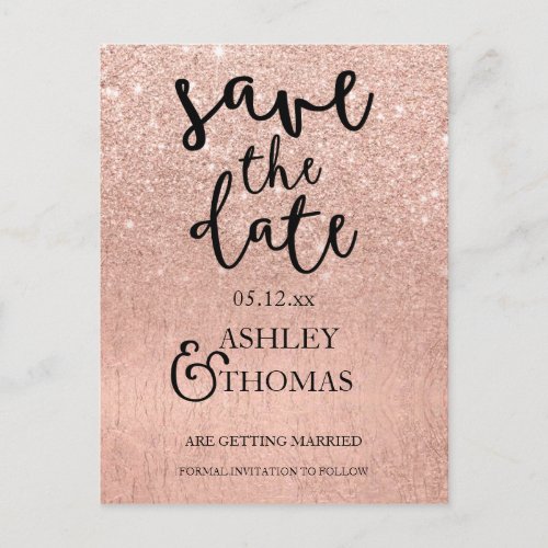 Save the Date Rose gold glitter foil ombre script Announcement Postcard