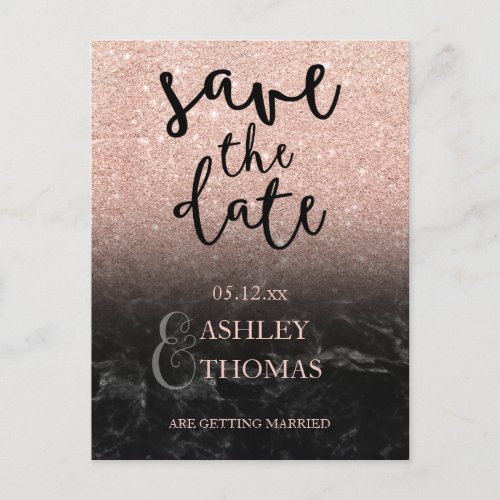 Save the Date Rose gold glitter marble script Announcement Postcard