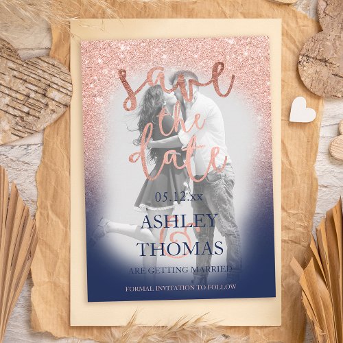 Save the Date rose gold glitter navy script photo Announcement Postcard