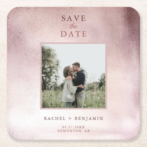 Save the Date Rose Gold Glitter Pink Chic Photo    Square Paper Coaster