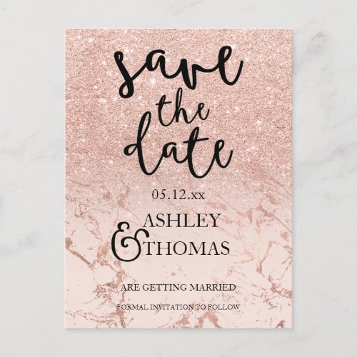 Save the Date Rose gold glitter pink marble script Announcement Postcard