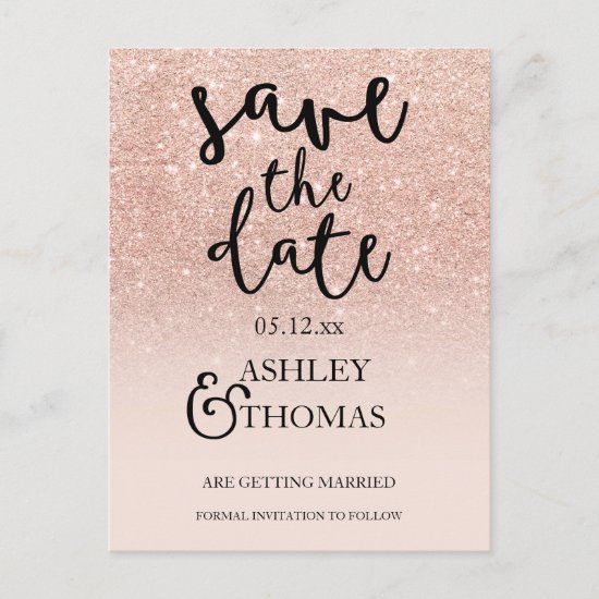 Save the Date Rose gold glitter pink ombre script Announcement Postcard
