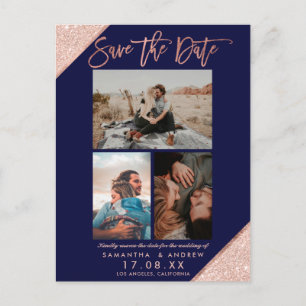 Save the date rose gold navy photo grid collage announcement postcard