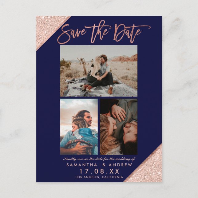 Save the date rose gold navy photo grid collage announcement postcard (Front)