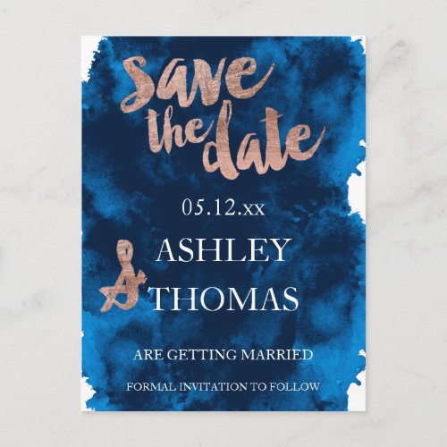 Save the Date Rose gold typography navy watercolor Announcement Postcard