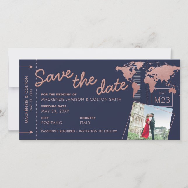 Save the date rose gold world map boarding pass (Front)