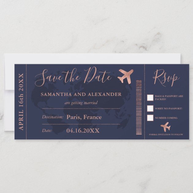 Save the date rose gold world map boarding pass | Zazzle