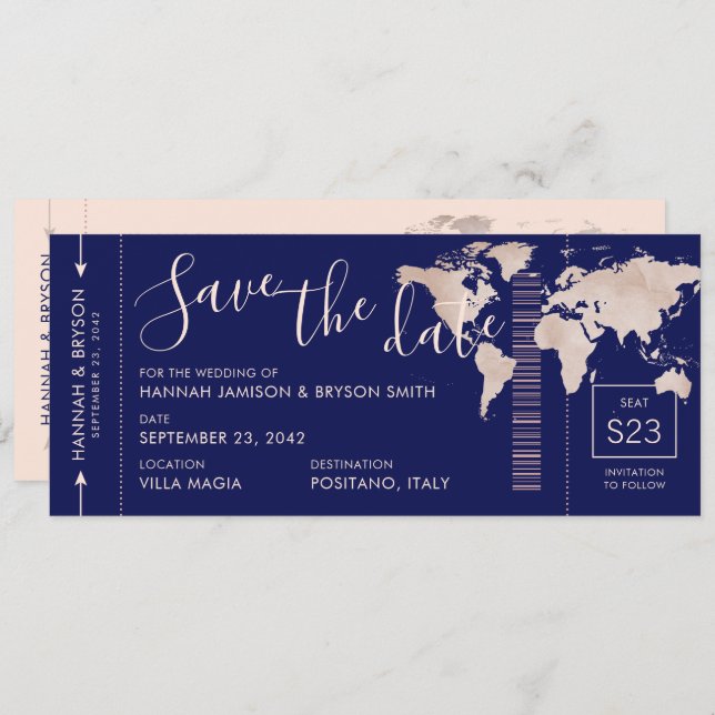 Save the Date Rose Gold World Map Boarding Pass (Front/Back)