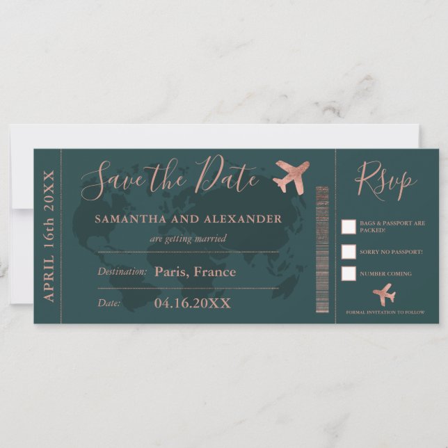 Save the date rose gold world map boarding pass (Front)