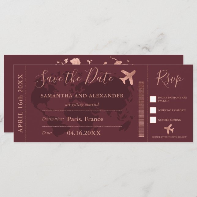 Save the date rose gold world map boarding pass (Front/Back)
