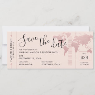 Save the Date Rose Gold World Map Boarding Pass Announcement